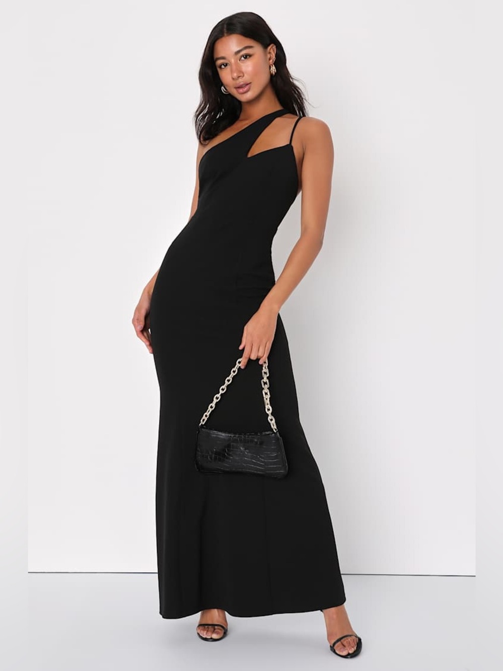 NWT Lulus Sultry Evenings Black One-Shoulder Mermaid Maxi Dress